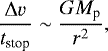 \begin{align*} \frac{\Delta v}{t_{\textrm{stop}}}\sim\frac{GM_{\textrm{p}}}{r^{2}},\end{align*}