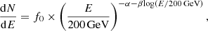 $$ \begin{aligned} \frac{\mathrm{d}N}{\mathrm{d}E} = f_0\times \left(\frac{E}{200\,\mathrm{GeV}}\right)^{-\alpha -\beta \mathrm{log}(E/200\,\mathrm{GeV})}, \end{aligned} $$