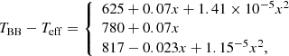 $$ \begin{aligned} {T}_{\mathrm{BB}}-{T}_{\rm {eff}} = {\left\{ \begin{array}{ll} 625 + 0.07 x + 1.41\times 10^{-5} x^2 \\ 780 + 0.07 x \\ 817 - 0.023 x + 1.15^{-5} x^2, \end{array}\right.} \end{aligned} $$