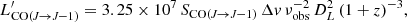 $$ \begin{aligned} L^\prime _{\rm CO(\textit{J}\rightarrow \textit{J}{-}1)}=3.25\times 10^7\,S_{\rm CO(\textit{J}\rightarrow \textit{J}{-}1)}\,\Delta v\, \nu _{\rm {obs}}^{-2}\,D_L^2\,(1+z)^{-3}, \end{aligned} $$