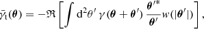 $$ \begin{aligned} {\bar{\gamma }_{\mathrm{t} }}(\boldsymbol{\theta })&= - \mathfrak{R} \left[ \int {\mathrm{d} }^2 \theta {^\prime } \, \gamma (\boldsymbol{\theta }+\boldsymbol{\theta }{^\prime }) \, \frac{\boldsymbol{\theta }{^\prime }^*}{\boldsymbol{\theta }{^\prime }} w(|\boldsymbol{\theta }{^\prime }|) \right], \end{aligned} $$