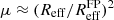 $ \mu \approx {({R_{{\rm{eff}}}}/R_{{\rm{eff}}}^{{\rm{FP}}})^2} $