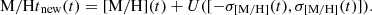 $$ \begin{aligned}[{\mathrm{M/H} }]_{\rm new}(t) = [{\mathrm{M/H} }](t)+ U([-\sigma _{\rm [M/H]}(t), \sigma _{\rm [M/H]}(t) ]). \end{aligned} $$