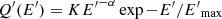 $ Q^{\prime}(E^{\prime}) = K {E^{\prime}}^{-\alpha} \exp{-E^{\prime}/{E^{\prime}}_\mathrm{max}} $