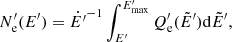 $$ \begin{aligned} N^\prime _\mathrm{e} (E^\prime ) = \dot{E^\prime }^{-1} \int _{E^\prime }^{E^\prime _\mathrm{max} } Q^\prime _\mathrm{e} (\tilde{E}^\prime ) \mathrm{d} \tilde{E}^\prime , \end{aligned} $$