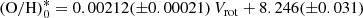 $$ \begin{aligned} \mathrm{(O/H)}_{0}^{*} = 0.00212(\pm 0.00021)\, V_{\rm rot} + 8.246(\pm 0.031) \end{aligned} $$