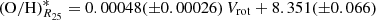 $$ \begin{aligned} \mathrm{(O/H)}_{R_{25}}^{*} = 0.00048(\pm 0.00026)\, V_{\rm rot} + 8.351(\pm 0.066) \end{aligned} $$