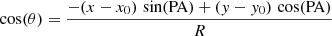 $$ \begin{aligned} \cos (\theta ) = \frac{-(x-x_{0})\, \sin (\mathrm{PA}) + (y-y_{0}) \, \cos (\mathrm{PA})}{R} \end{aligned} $$