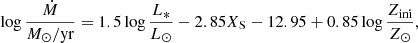 $$ \begin{aligned} \log \frac{\dot{M}}{M_{\odot }/\mathrm{{yr}}}= 1.5\log \frac{{L_*}}{L_{\odot }} -2.85 X_{\rm S} -12.95 +0.85\log \frac{{Z_{\mathrm{ini} }}}{Z_{\odot }}, \end{aligned} $$