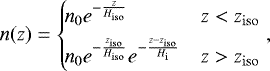 \begin{align*} n(z)=\left\{\begin{array}{ll} \!\!\!\!\ngas_0 e^{-\frac{z}{\H_{\mathrm{iso}}}} & z < z_{\mathrm{iso}}\\[4pt] \!\!\!\!\ngas_0 e^{-\frac{z_{\mathrm{iso}}}{\H_{\mathrm{iso}}}}e^{-\frac{z-z_{\mathrm{iso}}}{H_{\mathrm{i}}}} &z > z_{\mathrm{iso}} \end{array}\right.\!\!\!, \end{align*}