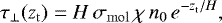 \begin{align*} \tau_{\mathrm{\perp}}(\z_{\mathrm{t}})=H\,\sigma_{\mathrm{mol}}\,\chi \,\ngas_0\, e^{-\z_{\mathrm{t}}/H}, \end{align*}