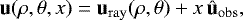 \begin{align*} \mathbf{u}(\rho,\theta,x)=\mathbf{u}_{\mathrm{ray}}(\rho,\theta) + x\, \hat{\mathbf{u}}_{\mathrm{obs}},\end{align*}
