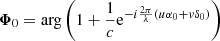 $ \boldsymbol{\Phi}_{0} = \mathrm{arg}\left(1 + \frac{1}{c}\mathrm{e}^{-i\frac{2\pi}{\lambda}(u\alpha_0 + v\delta_0)}\right) $