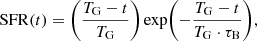 $$ \begin{aligned} \mathrm{SFR} (t)=\biggl (\frac{T_{\mathrm{G} }-t}{T_{\mathrm{G} }}\biggr ) \exp \biggl (-\frac{T_{\mathrm{G} }-t}{T_{\mathrm{G} } \cdot \tau _{\mathrm{B} }}\biggr ), \end{aligned} $$