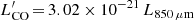 $ L^\prime_{\mathrm{CO}}\,{=}\,3.02\times 10^{-21}\,L_{850\,\mu\mathrm{m}} $