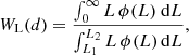 $$ \begin{aligned} W_{\rm L}(d) = {\frac{\int _0^\infty L\,\phi (L)\ \mathrm{d} L}{\int _{L_1}^{L_2} L\,\phi (L)\,\mathrm{d} L}}, \end{aligned} $$