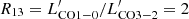 $ {R_{13}} = L_{{\rm{CO1 - 0}}}^\prime /L_{{\rm{CO3 - 2}}}^\prime = 2 $