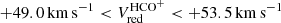 $ +49.0\,{\mathrm{km\,s}}^{-1} < {V}_{\mathrm{red}}^{\mathrm{HCO}^+} < +53.5\,{\mathrm{km\,s}}^{-1} $