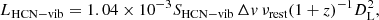$$ \begin{aligned} L_{\mathrm{HCN-vib} }=1.04\times 10^{-3}S_{\mathrm{HCN-vib} }\,\Delta { v}\,\nu _{\mathrm{rest} }(1+z)^{-1}D_{\mathrm{L} }^{2}, \end{aligned} $$