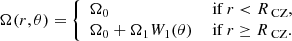 $$ \begin{aligned} \Omega (r,\theta )={\left\{ \begin{array}{ll} {\Omega _{0}}&\text{ if}~{r < R_{\text{ CZ}},}\\ {\Omega _{0}} + {\Omega _{1}}{W_{1}(\theta )}&\text{ if}~{r \ge R_{\text{ CZ}}.}\\ \end{array}\right.} \end{aligned} $$