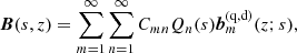 $$ \begin{aligned} {\boldsymbol{B}}({s},z)=\sum _{m=1}^\infty \sum _{n=1}^\infty C_{mn}Q_n({s}){\boldsymbol{b}}_m^{\text{(q,d})}(z;{s}), \end{aligned} $$