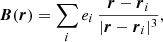 $$ \begin{aligned} \boldsymbol{B} (\boldsymbol{r}) = \sum \limits _{i} e_i \, \frac{ \boldsymbol{r} - \boldsymbol{r}_i }{ | \boldsymbol{r} - \boldsymbol{r}_i |^3 } , \end{aligned} $$