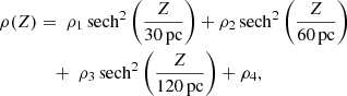 $$ \begin{aligned} \rho (Z)&= \; \rho _1\, \mathrm{sech}^2 \left( \frac{Z}{30\,\mathrm{pc}} \right)+ \rho _2\, \mathrm{sech}^2 \left( \frac{Z}{60\,\mathrm{pc}} \right) \nonumber \\&\quad +\; \rho _3\, \mathrm{sech}^2 \left( \frac{Z}{120\,\mathrm{pc}} \right)+ \rho _4, \end{aligned} $$