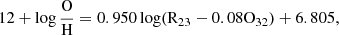$$ \begin{aligned} 12+\log \frac{\mathrm{O}}{\mathrm{H}} = 0.950\log (\mathrm{R}_{23}-0.08\mathrm{O}_{32})+6.805, \end{aligned} $$