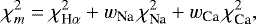\begin{equation*} \chi^2_m = \chi^2_{\textrm{H}\alpha} &#x002B; w_{\textrm{Na}}\, \chi^2_{\textrm{Na}} &#x002B; w_{\textrm{Ca}}\, \chi^2_{\textrm{Ca}}, \end{equation*}