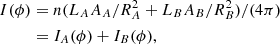 $$ \begin{aligned} \begin{aligned} I(\phi )&= n (L_A A_A / R^2_A + L_B A_B /R^2_B)/(4\pi )\\&=I_A(\phi ) + I_B(\phi ), \end{aligned} \end{aligned} $$