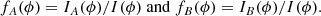 $$ \begin{aligned} f_A(\phi )=I_A(\phi )/I(\phi )~{\mathrm{and} }~f_B(\phi )=I_B(\phi )/I(\phi ). \end{aligned} $$