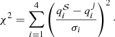 $$ \begin{aligned} \chi ^2 = \sum _{i=1}^4 \left( \frac{q_i^\mathcal{S} - q_i^j}{\sigma _i} \right)^2\cdot \end{aligned} $$