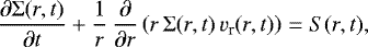 \begin{equation*} \frac{\partial \Sigma(r,t)}{\partial t} &#x002B; \frac{1}{r}\, \frac{\partial}{\partial r}\left(r \, \Sigma(r,t) \, v_{\textrm{r}}(r,t) \right) = S(r,t),\end{equation*}