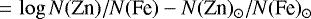 ${\,=\,}\log N(\textrm{Zn})/ N(\textrm{Fe}) - N(\textrm{Zn})_{\odot} /N(\textrm{Fe})_{\odot}$