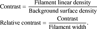 \begin{equation*} \begin{split} &\text{Contrast} = \frac{\text{Filament linear density}}{\text{Background surface density}} \\ &\text{Relative contrast} = \frac{\text{Contrast}}{\text{Filament width}}. \end{split} \end{equation*}