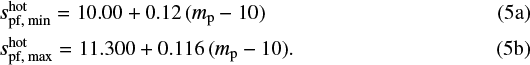 \begin{align*} & {s_{\textrm{pf, min}}^{\textrm{hot}}} = 10.00 &#x002B; 0.12 \,({m_{\textrm{p}}}-10)\\ &{s_{\textrm{pf, max}}^{\textrm{hot}}} = 11.300 &#x002B; 0.116 \,({m_{\textrm{p}}}-10). \end{align*}