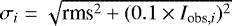 $\sigma_i = \sqrt{\textrm{rms}^2 &#x002B; (0.1 \times I_{\textrm{obs},i})^2}$