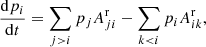 $$ \begin{aligned} \frac{\mathrm{d}p_{i}}{\mathrm{d}t} = \sum _{j>i} p_{j} A_{ji}^\mathrm{r} - \sum _{k<i} p_{i} A_{ik}^\mathrm{r}, \end{aligned} $$