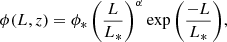 $$ \begin{aligned} \phi (L, z) = \phi _* \left(\frac{L}{L_*}\right)^{\alpha } \exp {\left(\frac{-L}{L_*}\right)}, \end{aligned} $$