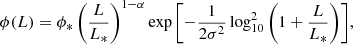 $$ \begin{aligned} \phi (L) = \phi _* \left(\frac{L}{L_*}\right)^{1-\alpha } \exp {\left[ -\frac{1}{2\sigma ^2}\log ^2_{10}\left(1+\frac{L}{L_*}\right)\right]}, \end{aligned} $$