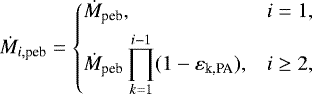 \begin{equation*} \dot M_{\textit{i},\textrm{peb}} = \left \{ \begin{aligned} & \dot M_{\textrm{peb}}, & i = 1, \\ & \dot M_{\textrm{peb}} \prod_{k=1}^{i-1}(1-\varepsilon_{\textrm{k,PA}}), & i\geq 2, \\ \end{aligned} \right.\end{equation*}