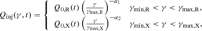 $$ \begin{aligned} Q_{\rm inj}(\gamma ,t)= \left\{ \begin{array}{ll} Q_{0,\mathrm R}(t)\left(\frac{\gamma }{\gamma _{\rm max,R}}\right)^{-\alpha _1}&\gamma _{\rm min,R}<\gamma <\gamma _{\rm max,R},\\ Q_{0,\mathrm X}(t)\left(\frac{\gamma }{\gamma _{\rm max,X}}\right)^{-\alpha _2}&\gamma _{\rm min,X}<\gamma <\gamma _{\rm max,X}, \end{array} \right. \end{aligned} $$