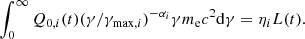 $$ \begin{aligned} \int ^{\infty }_0Q_{0,i}(t)(\gamma /{\gamma _{\mathrm{max},i}})^{-\alpha _i} \gamma m_{\rm e}c^2\mathrm{d}\gamma =\eta _i L(t). \end{aligned} $$