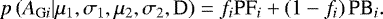 \begin{equation*} p\left(A_{\mathrm{G}i} | \mu_1, \sigma_1 ,\mu_2, \sigma_2,\textrm{D}\right)= f_i \textrm{PF}_{i}&#x002B;\left(1-f_i\right)\textrm{PB}_{i}.\end{equation*}