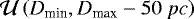 $\mathcal{U}\left(D_{\textrm{min}}, D_{\textrm{max}} -50 \ pc \right)$