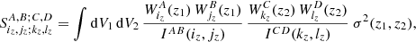$$ \begin{aligned} S^{A,B;C,D}_{i_z,j_z;k_z,l_z} = \int {\mathrm{d} } V_1 \, {\mathrm{d} } V_2 \, \frac{W_{i_z}^A(z_1) \, W_{j_z}^B(z_1)}{I^{AB}(i_z,j_z)} \, \frac{W_{k_z}^C(z_2) \, W_{l_z}^D(z_2)}{I^{CD}(k_z,l_z)} \ \sigma ^2(z_1,z_2), \end{aligned} $$