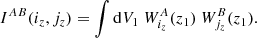 $$ \begin{aligned} I^{AB}(i_z,j_z) = \int {\mathrm{d} } V_1 \ W_{i_z}^A(z_1) \ W_{j_z}^B(z_1). \end{aligned} $$