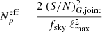 $$ \begin{aligned} N_p^\mathrm{eff} = \frac{2 \ (S/N)^2_\mathrm{G,joint} }{f_{\mathrm{sky} } \ \ell _{\mathrm{max} }^2} \end{aligned} $$