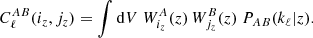 $$ \begin{aligned} C_{\ell }^{AB}(i_z,j_z) = \int {\mathrm{d} } V \ W^A_{i_z}(z) \, W^B_{j_z}(z) \ P_{AB}(k_\ell |z). \end{aligned} $$