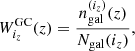 $$ \begin{aligned} W_{i_z}^\mathrm{GC} (z)= \frac{n_{\mathrm{gal} }^{(i_z)}(z)}{N_{\mathrm{gal} }(i_z)}, \end{aligned} $$